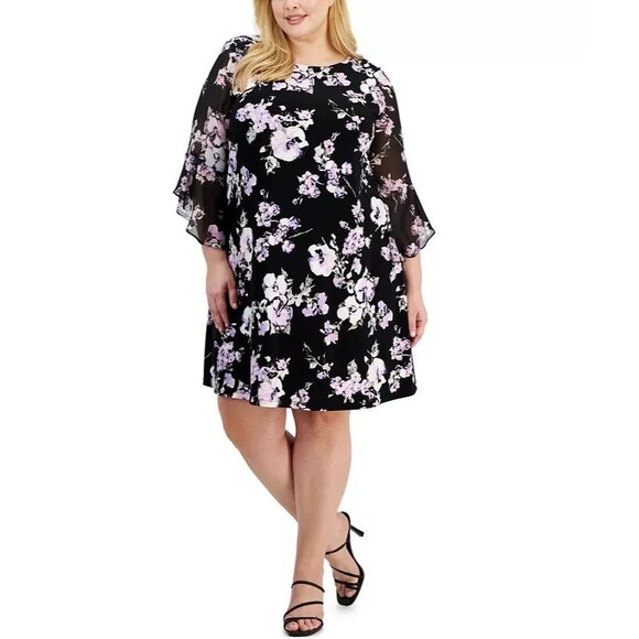 Kasper Plus Size Floral 3/4-Sleeve Shift Dress,  BlackLavender Mist Multi, 2X - Picture 1 of 4